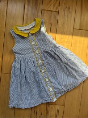 Mini Boden - Sz. 5-6 - Blue Seersucker Sleeveless Kids Dress w/Yellow Collar